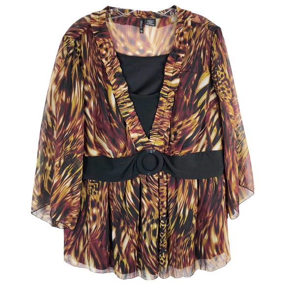 New Directions Plus Sz 2X Top Brown Black V Neck Attached Belt Blouse Ruffle 664 - Picture 1 of 7